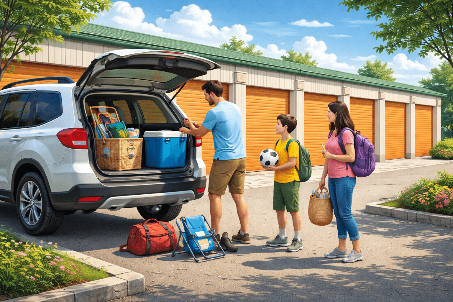 A family preparing for a day trip near a modern storage unit facility on a sunny day