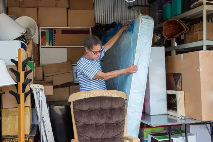 man in storage unit, sorting out belongings