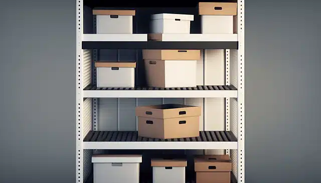 stacked boxes on shelves in storage unit