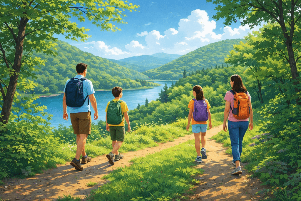 A family hiking on a scenic trail with greenery and a river in the background, enjoying a day outdoors together