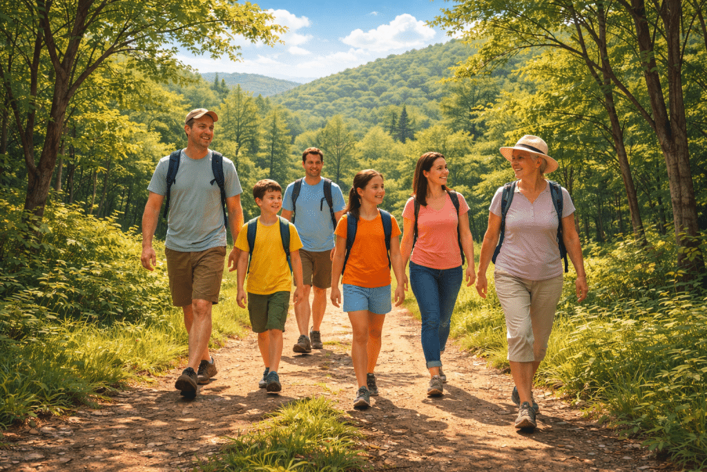 A family of 6 hiking together on a forest trail with trees, hills, no river, on a sunny day.